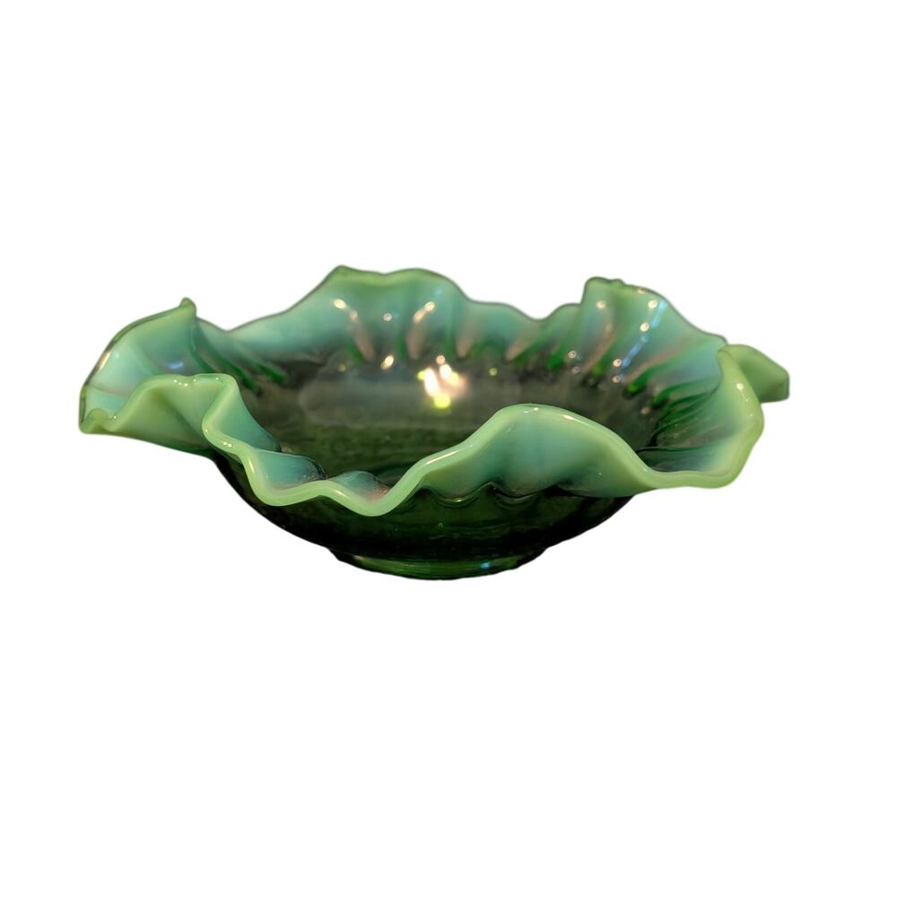 Vintage Green Opalescent Ruffled Edge Fenton Art Glass Bowl -- Read Description